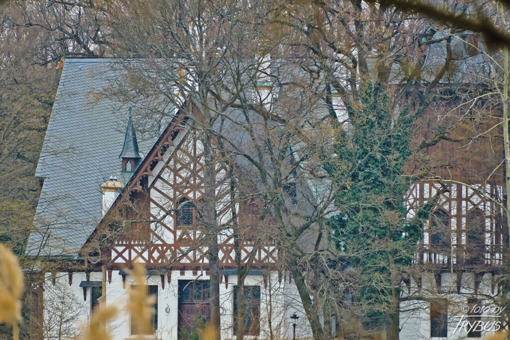 Fotografia przedstawia Pałacyk w Promnicach, który jest w stylu neogotyckim z fragmentami muru pruskiego i wykończeniem z drewna. Usytuowany jest on wśród kobiórskich lasów, pomiędzy Pszczyną a Tychami. Nazwa rezydencji pochodzi od rodu Promniztów, którzy jako pierwsi wznieśli na tych terenach zameczek myśliwski.