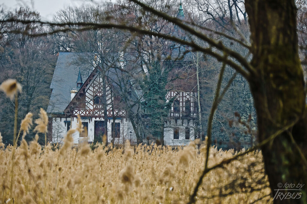 Fotografia przedstawia widok Pałacyku w Promnicach od strony północno-zachodniej, zza Jeziora Paprocańskiego. Usytuowany jest on wśród kobiórskich lasów, pomiędzy Pszczyną a Tychami. Nazwa rezydencji pochodzi od rodu Promniztów, którzy jako pierwsi wznieśli na tych terenach zameczek myśliwski.