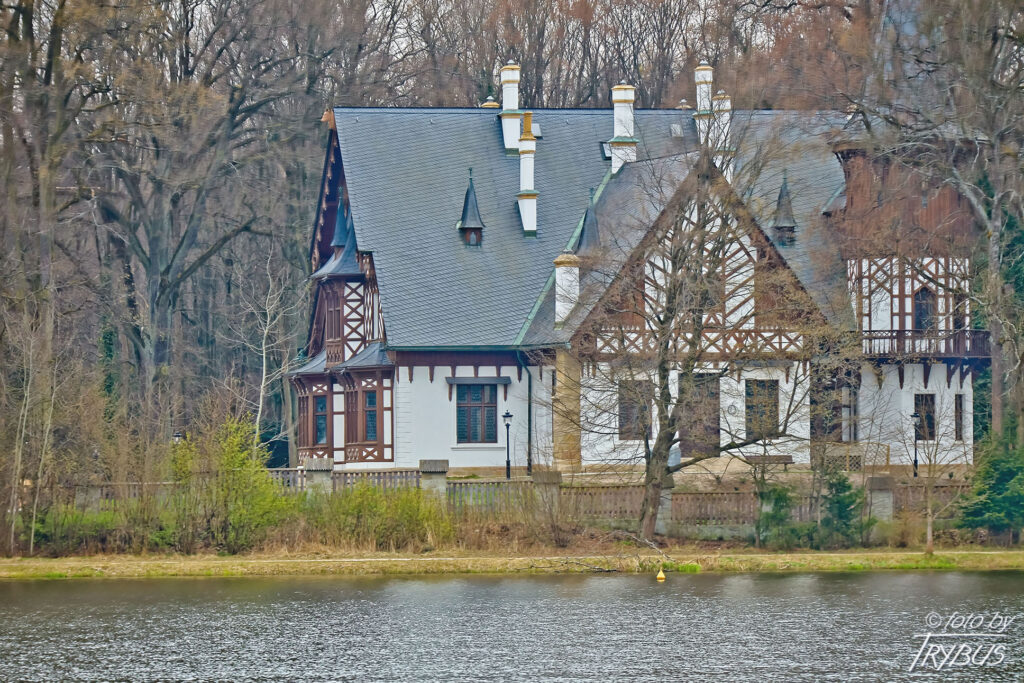 Fotografia przedstawia widok Pałacyku w Promnicach od strony północno-zachodniej, zza Jeziora Paprocańskiego. Usytuowany jest on wśród kobiórskich lasów, pomiędzy Pszczyną a Tychami. Nazwa rezydencji pochodzi od rodu Promniztów, którzy jako pierwsi wznieśli na tych terenach zameczek myśliwski.