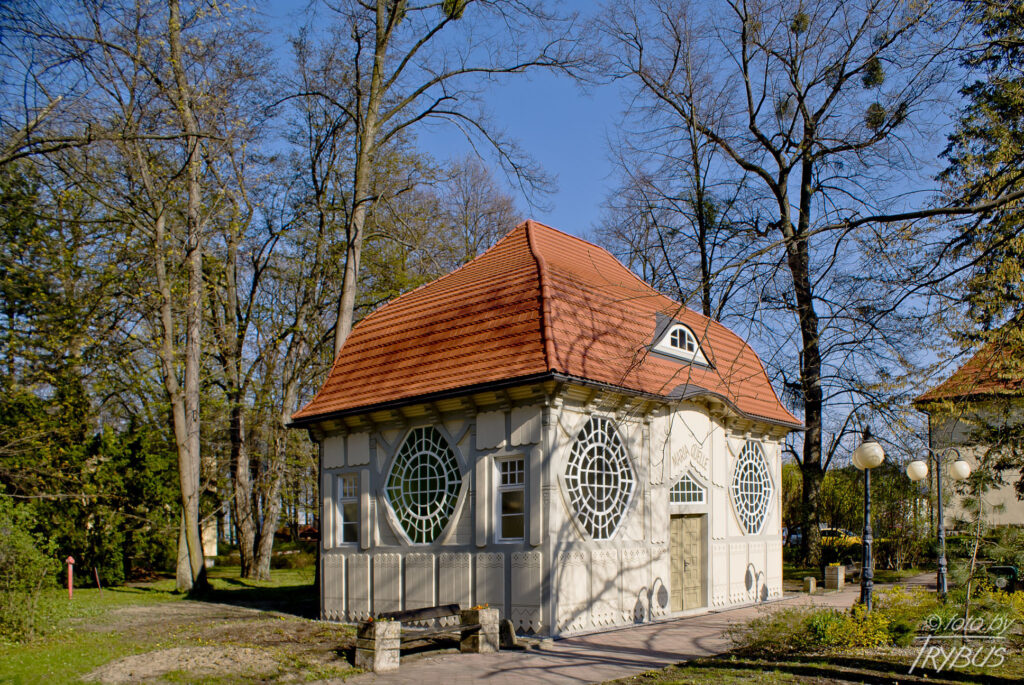 Fotografia przedstawia Pijalnię wód mineralnych w Goczałkowicach-Zdroju. Historia goczałkowickiego uzdrowiska w sięga 1856 roku, kiedy odkryto złoże solanki. Cztery lata później powstały pierwsze obiekty: Dom Zdrojowy, małe łazienki, Pijalnia wód leczniczych oraz pensjonat.