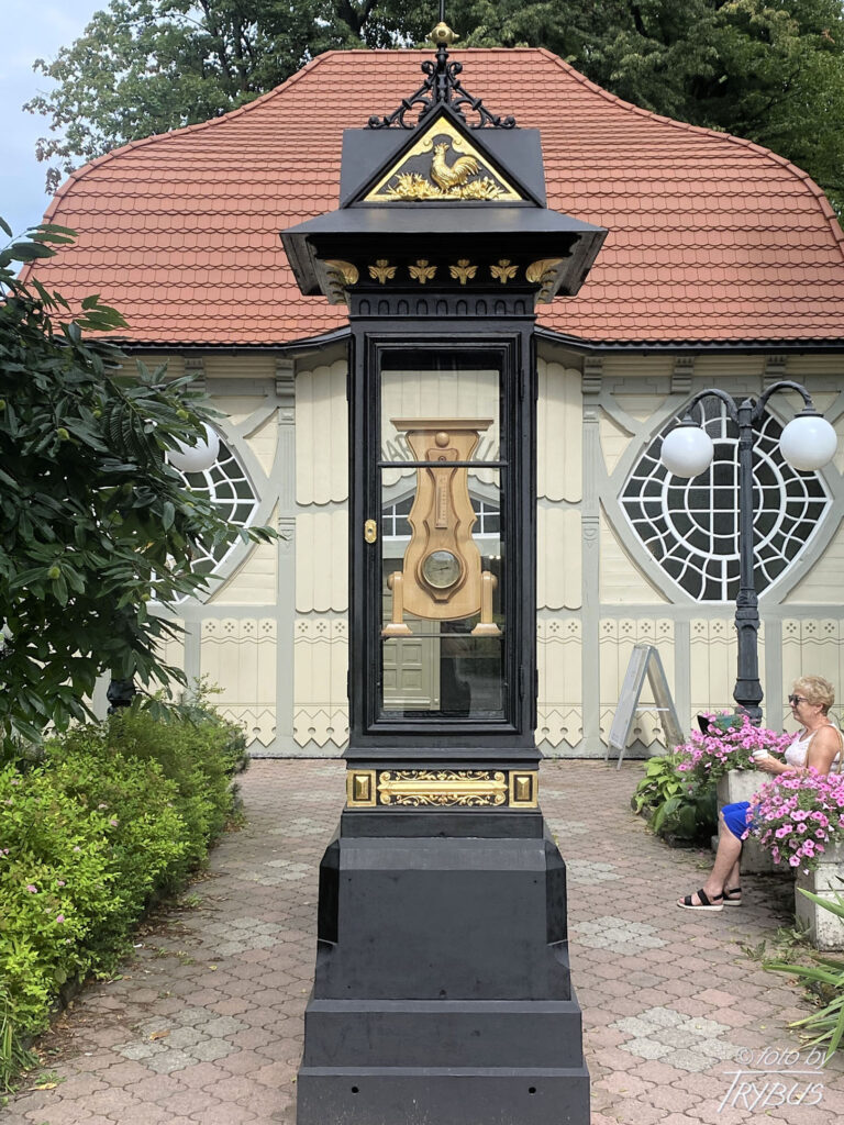 Fotografia przedstawia Pijalnia wód mineralnych w Goczałkowicach-Zdroju, a przed nią (jeszcze analogowa) stacji pogody. Historia goczałkowickiego uzdrowiska w sięga 1856 roku, kiedy odkryto złoże solanki. Cztery lata później powstały pierwsze obiekty: Dom Zdrojowy, małe łazienki, Pijalnia wód leczniczych oraz pensjonat.